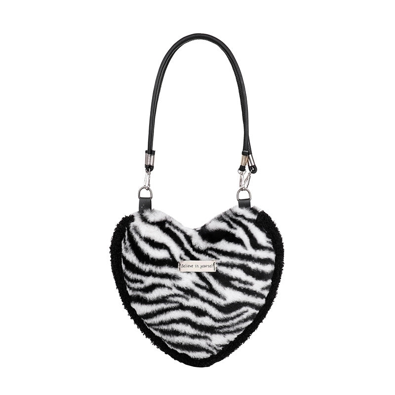 Women's Small Plush Zebra Flower Checkered Streetwear Heart-shaped Magnetic Buckle Underarm Bag