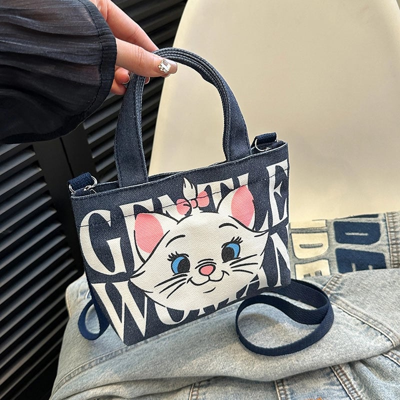 Women's Canvas Letter Cat Strawberry Cute Sewing Thread Open Handbag Crossbody Bag