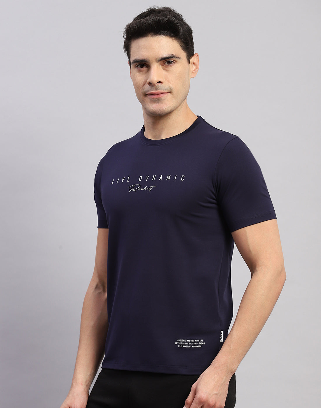 Men Navy Blue Printed Round Neck Half Sleeve T-Shirt