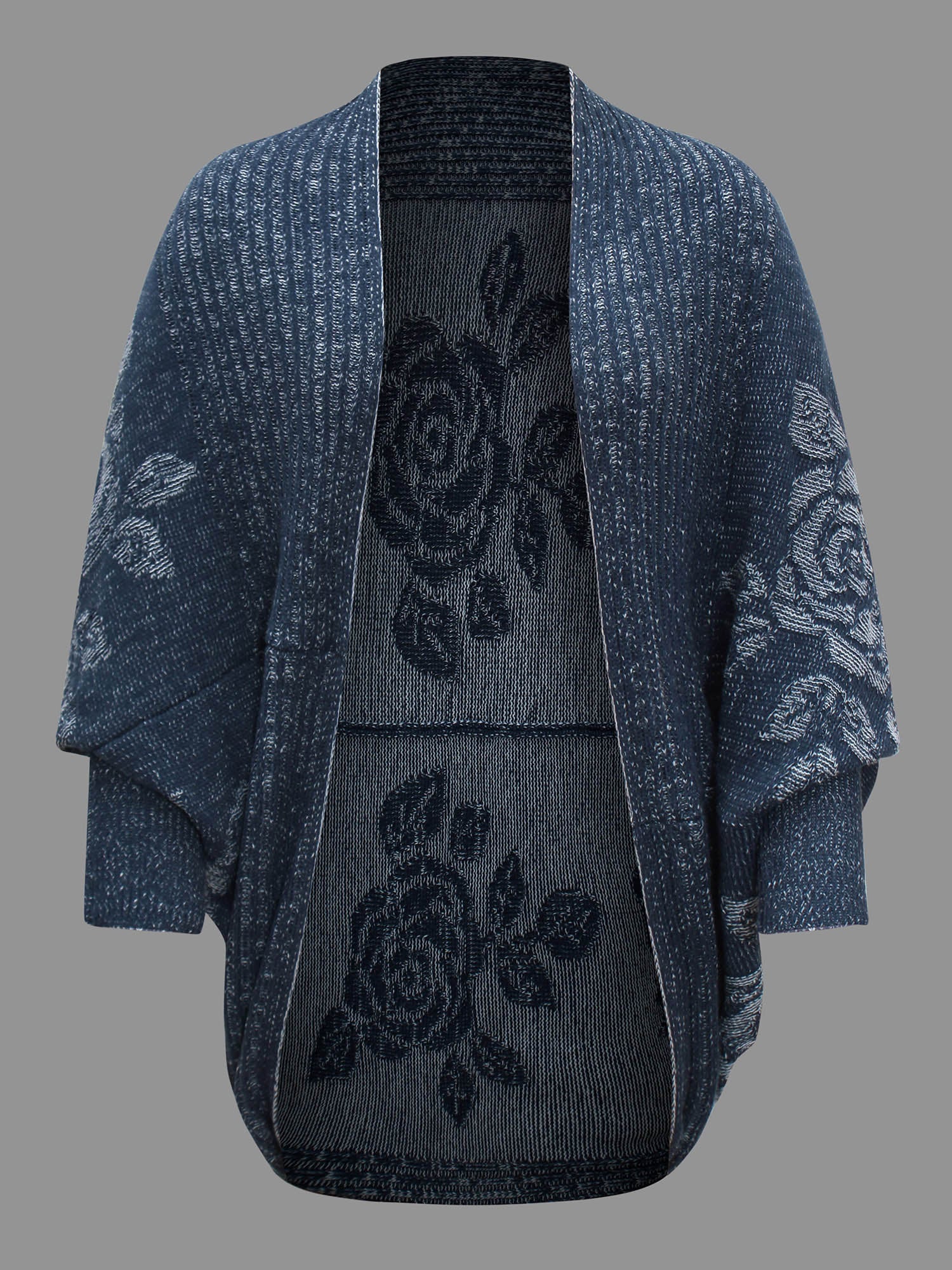 Floral Jacquard Batwing Sleeve Arc Hem Cardigan