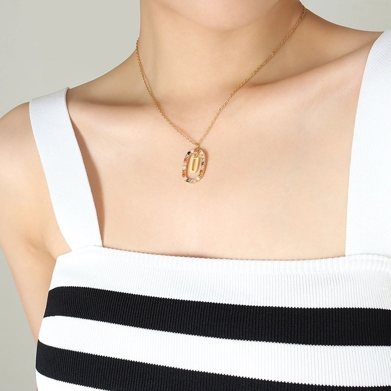 INS Style Letter Oval Titanium Steel Zircon 18K Gold Plated Inlay Necklace