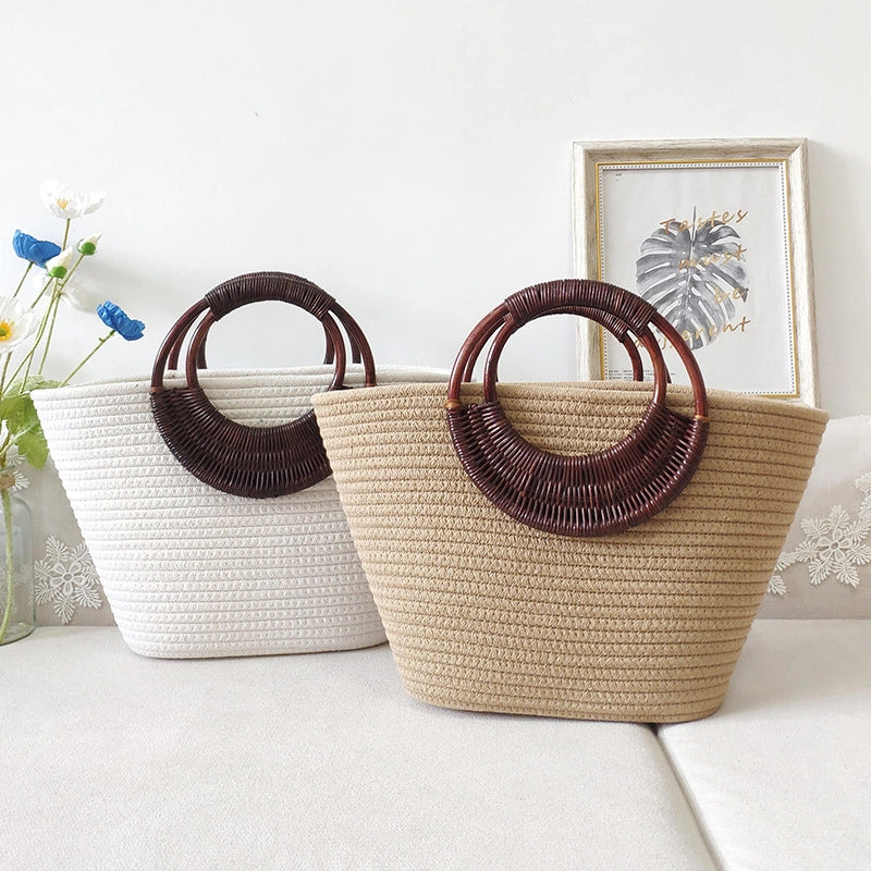 3 Pieces Women's Large Cotton Solid Color Beach Weave Bucket Open Beach Bag
