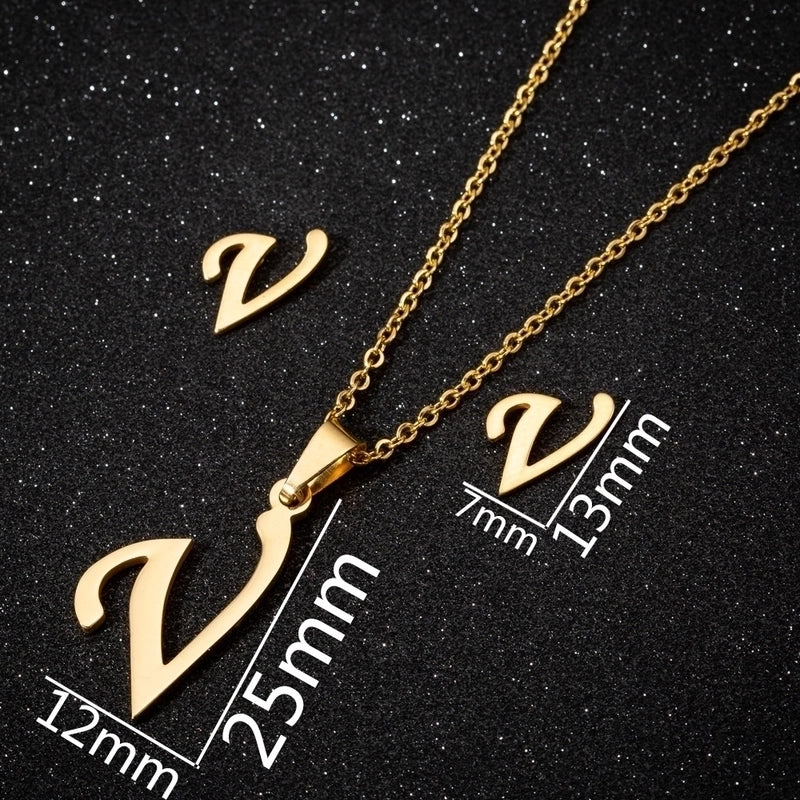 Women's Fashion Minimalist Letter Stainless Steel Pendant Necklace Ear Studs Plating Jewelry Sets