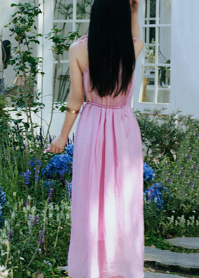 Women Pink Ruffled Lace Up Cotton Long Dress Sleeveless