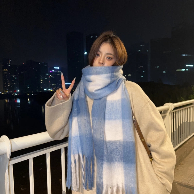 Plaid Scarf Women's Winter High-grade Gradient Mohair Thickened Warm Scarf New Cashmere-like Shawl