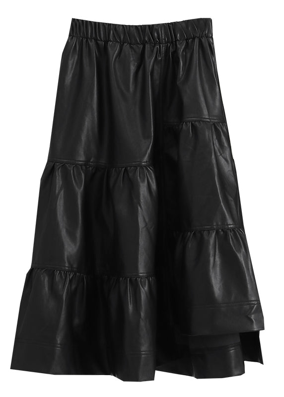 French Black Asymmetrical Patchwork Faux Leather Skirt Winter