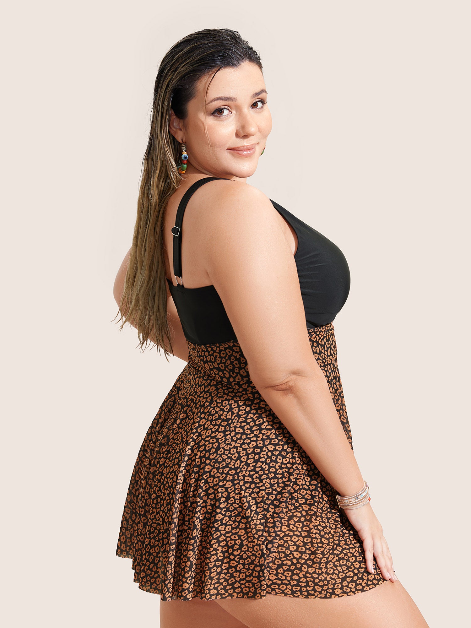 V Neck Leopard Print Patchwork Swim Dress