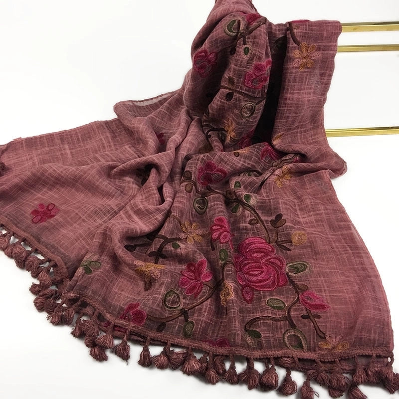 Women's Minimalist Leaves Solid Color Flower Cotton And Linen Embroidery Tassel Scarf Shawl