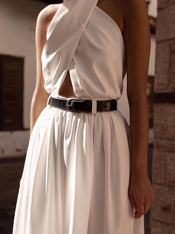 High Waisted Loose Backless Hollow Pleated Solid Color Split-Joint Halter-Neck Jumpsuits