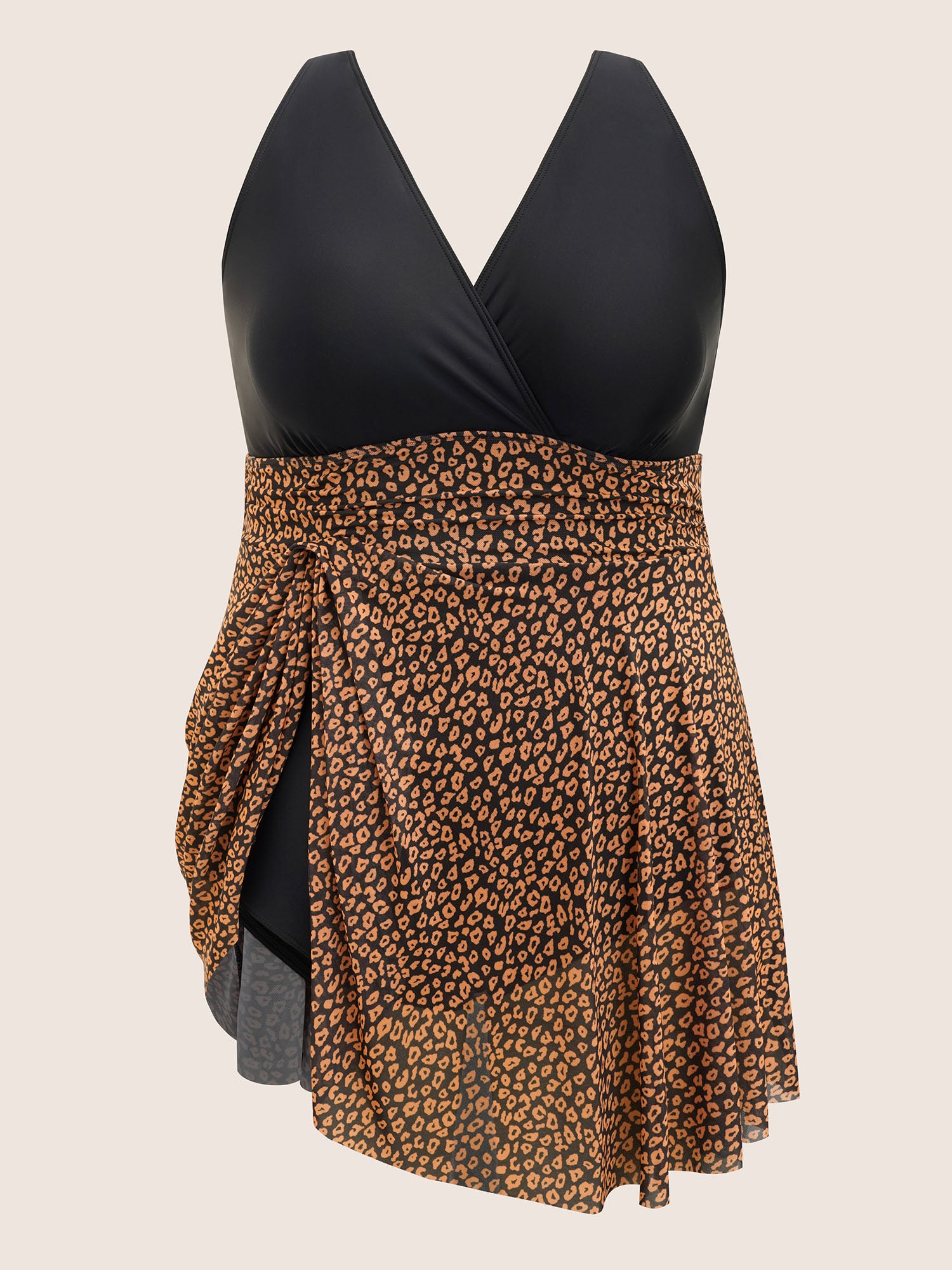 V Neck Leopard Print Patchwork Swim Dress