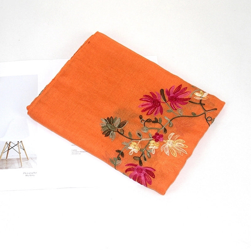 Women's Classic Style Flower Cotton And Linen Embroidery Scarf