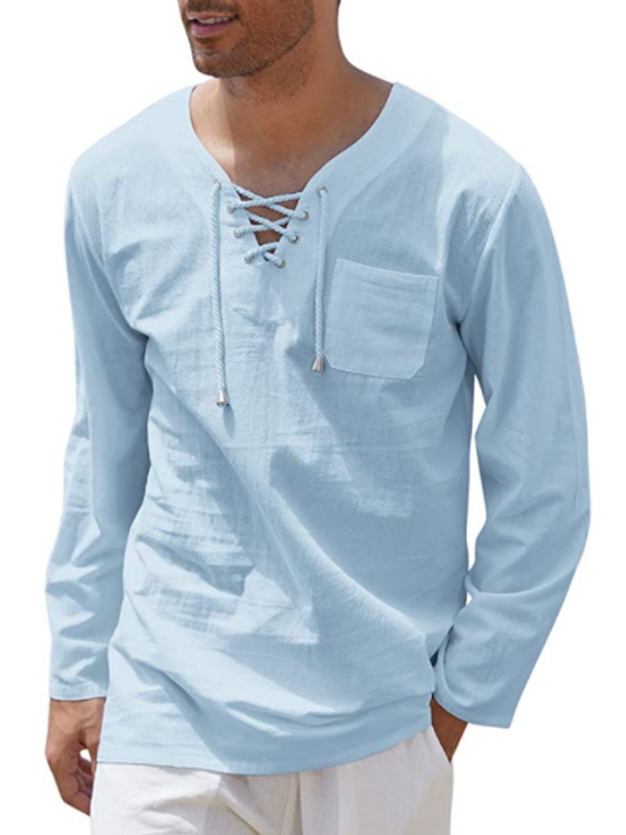 7-pack Woven Cotton And Linen Fashion Casual Lace-up V-neck Long Sleeve Shirt Top