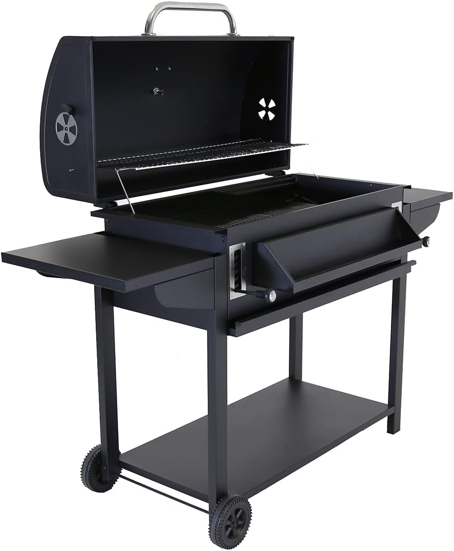 Deluxe American Charcoal BBQ Grill With Thermometer. Side Stands. Bottles Rack. Bottom Shelf