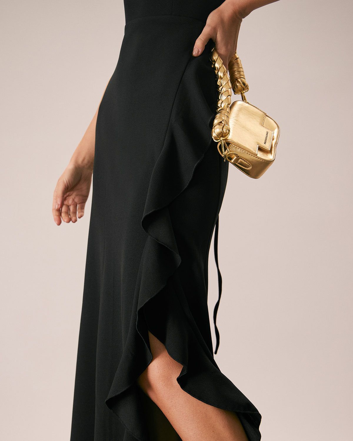 The Black Ruffle Cross Back Strap Maxi Dress