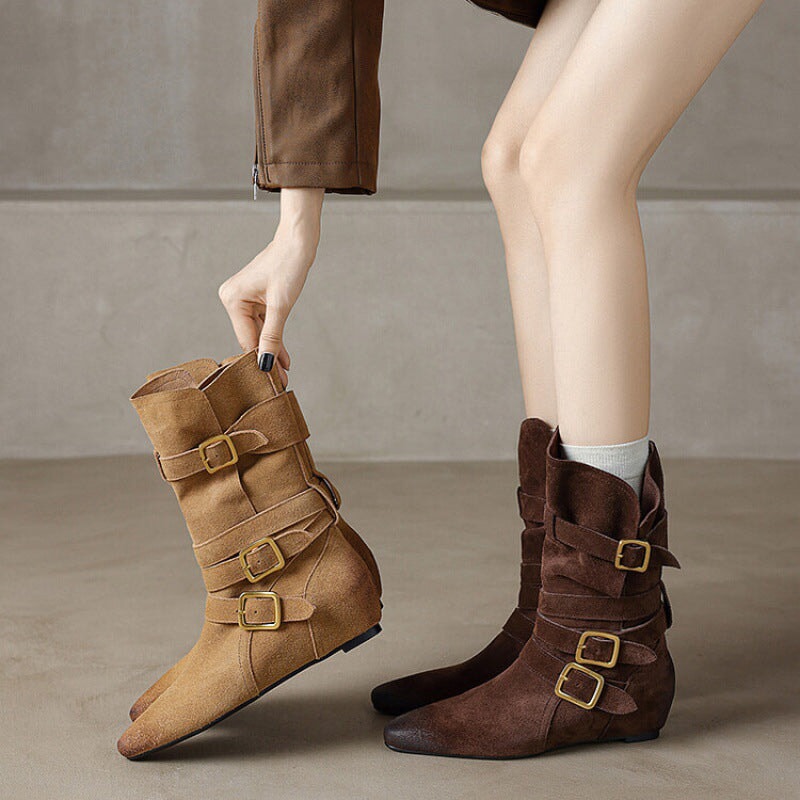 Womens Suede?Leather Mid Calf Boots 45mm Block Heel with Buckles In Khaki/Brown