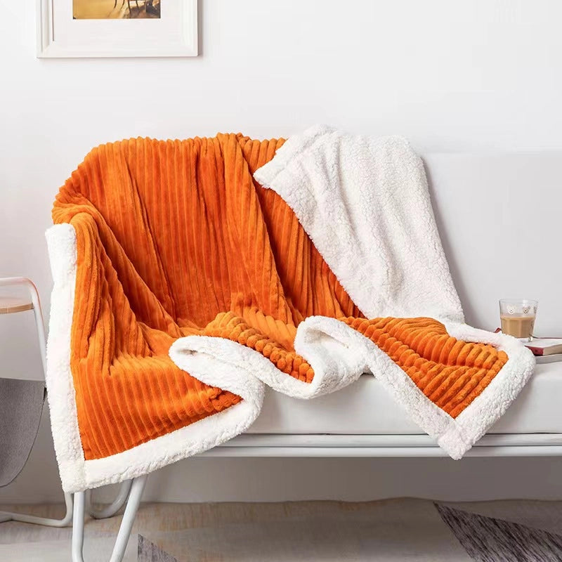 Plain Double Layer Lambskin Blanket Summer Flannel Blanket Striped Pattern Sofa Blanket Casual Nap Air-conditioning Blanket