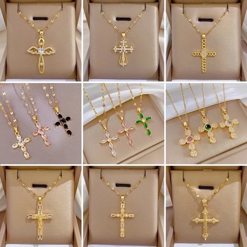 Minimalist Cross Titanium Steel Copper Zircon Pendant Necklace In Bulk
