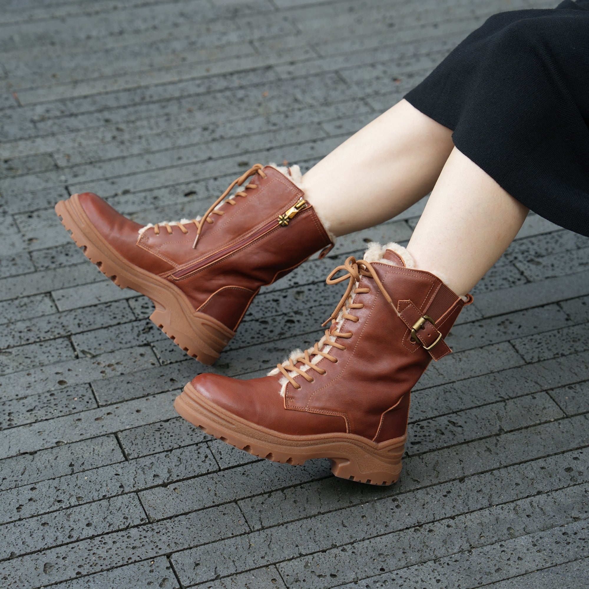 Leather Combat Boots Designer Retro Chunky Riding Boots in Coffee/Black Have Shearling Lined Choice