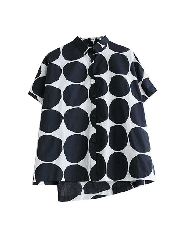 Loose Short Sleeves Buttoned Polka-Dot Lapel Blouse Tops Skirts Bottoms Two Pieces Set