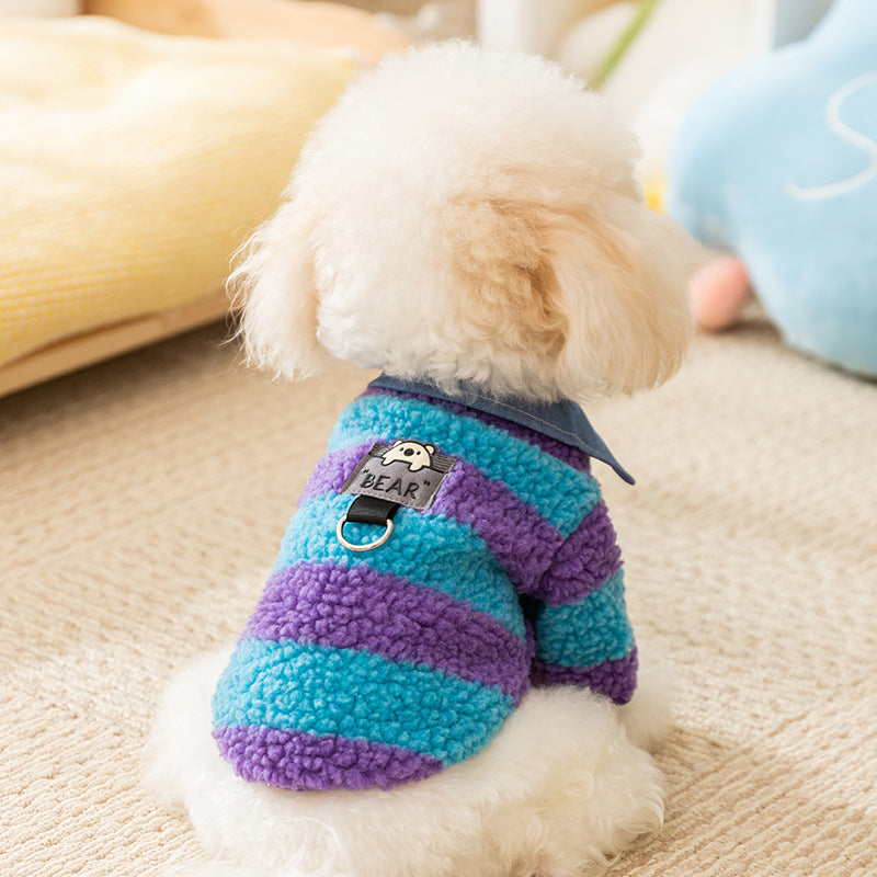 Fleece Striped Denim Collar Dog Cat Harness Sweater