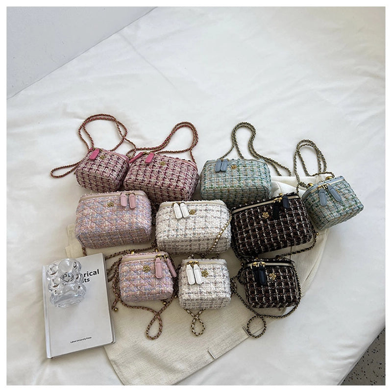 Women's Canvas Plaid Elegant Sewing Thread Square Zipper Shoulder Bag Crossbody Bag Square Bag