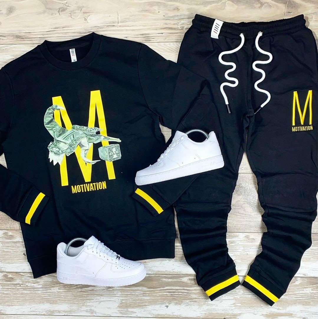 Printed Letters Casual Suit-Black