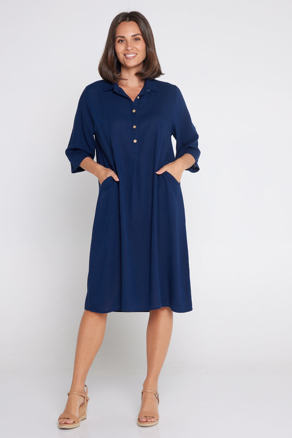 Maria Cotton & Linen Dress - Navy