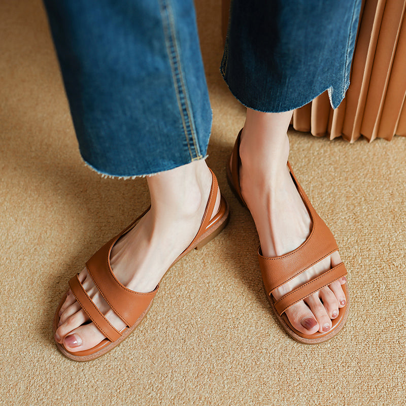 Fashion Design Casual Leather Flat Slingback Roman Sandals in Apricot/Brown