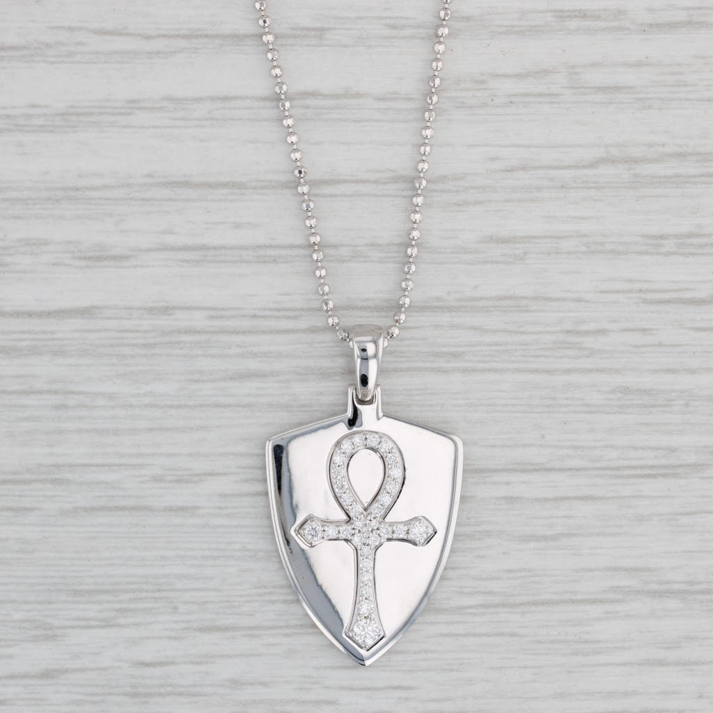 New 0.25ctw Diamond Ankh Shield Pendant Necklace 14k White Gold Bead Chain
