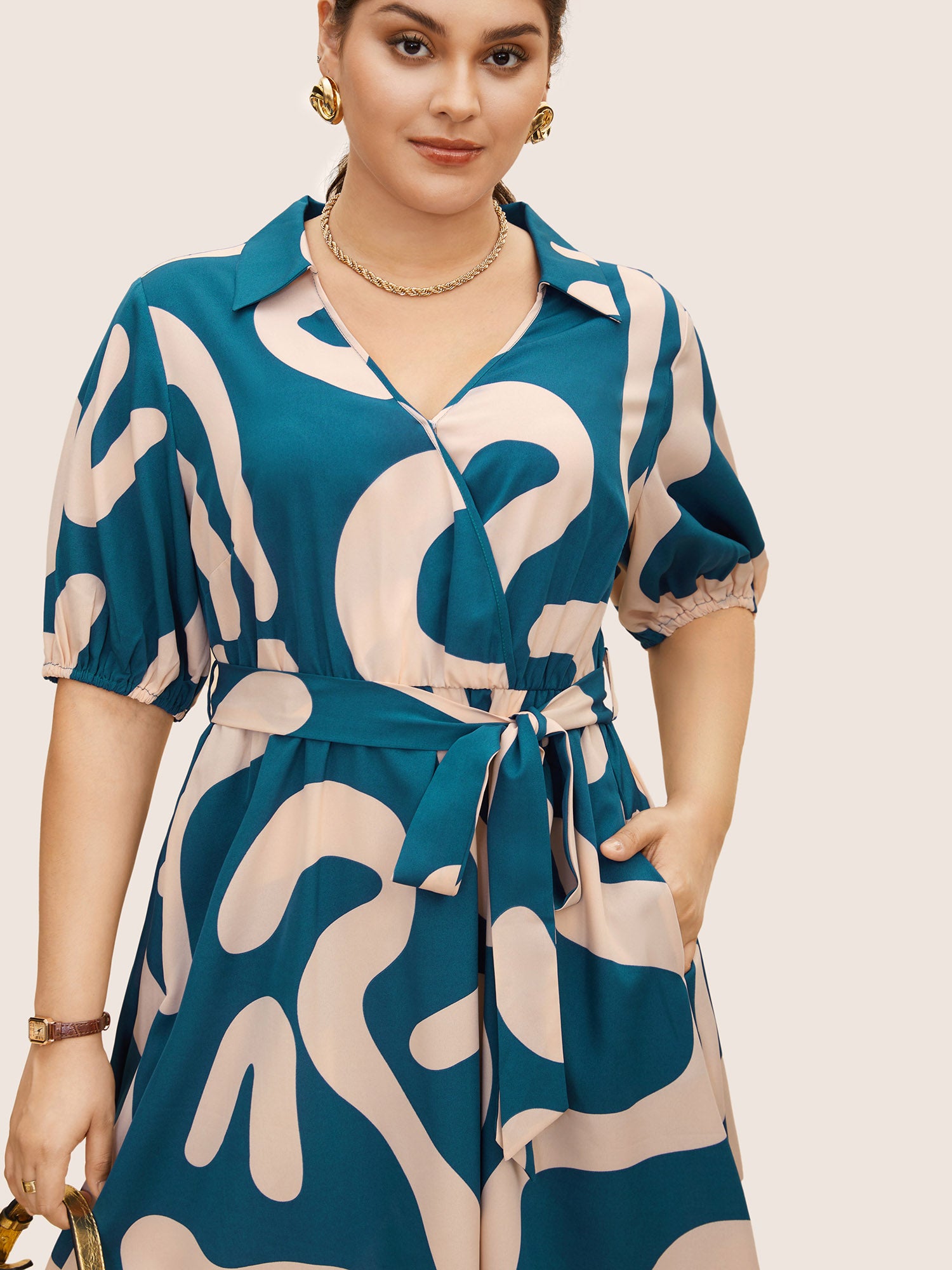 Shirt Collar Contrast Geometric Belted Midi Dress