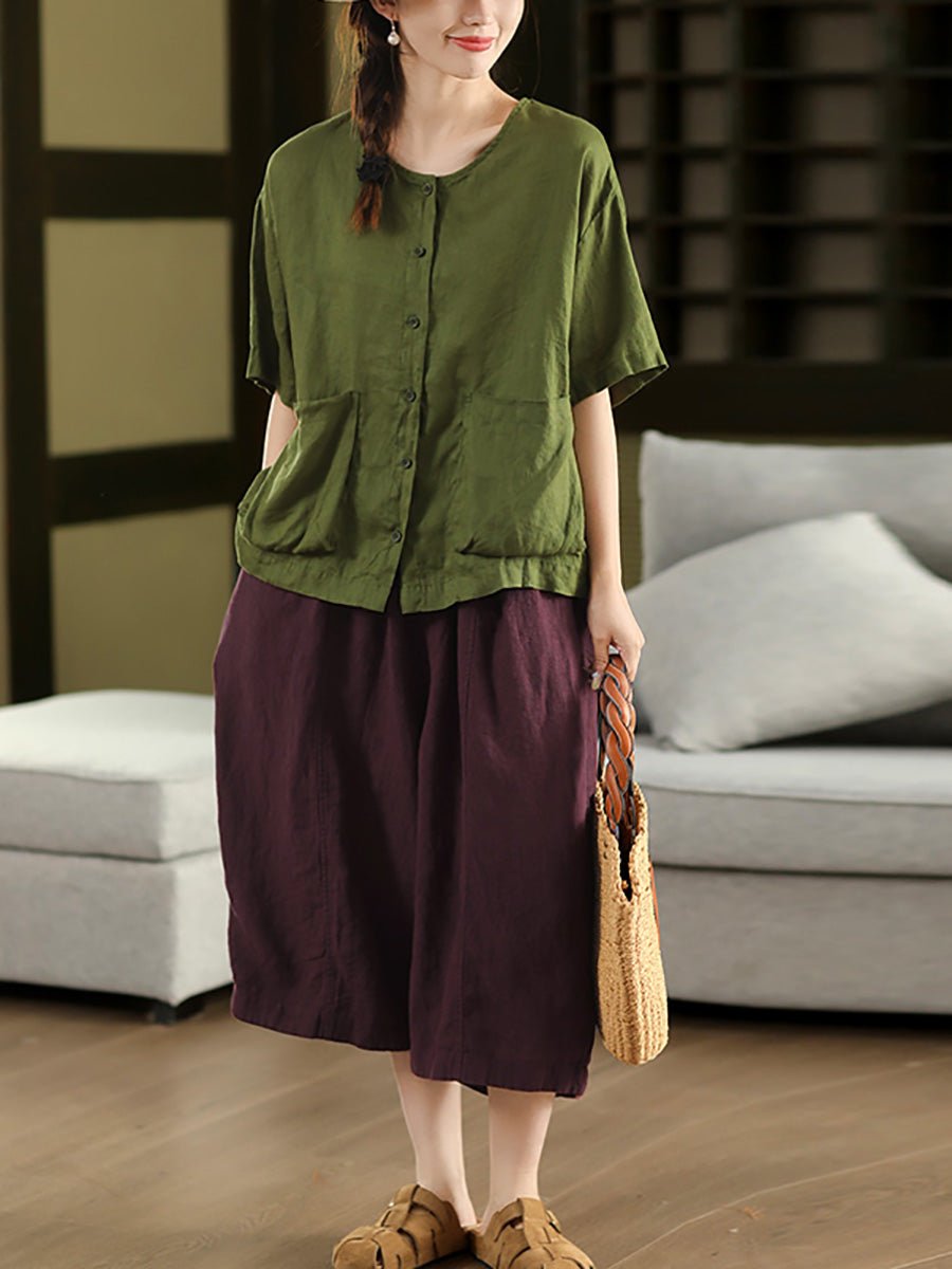 Women Summer Casual 100%Linen Straight Cropped Pants