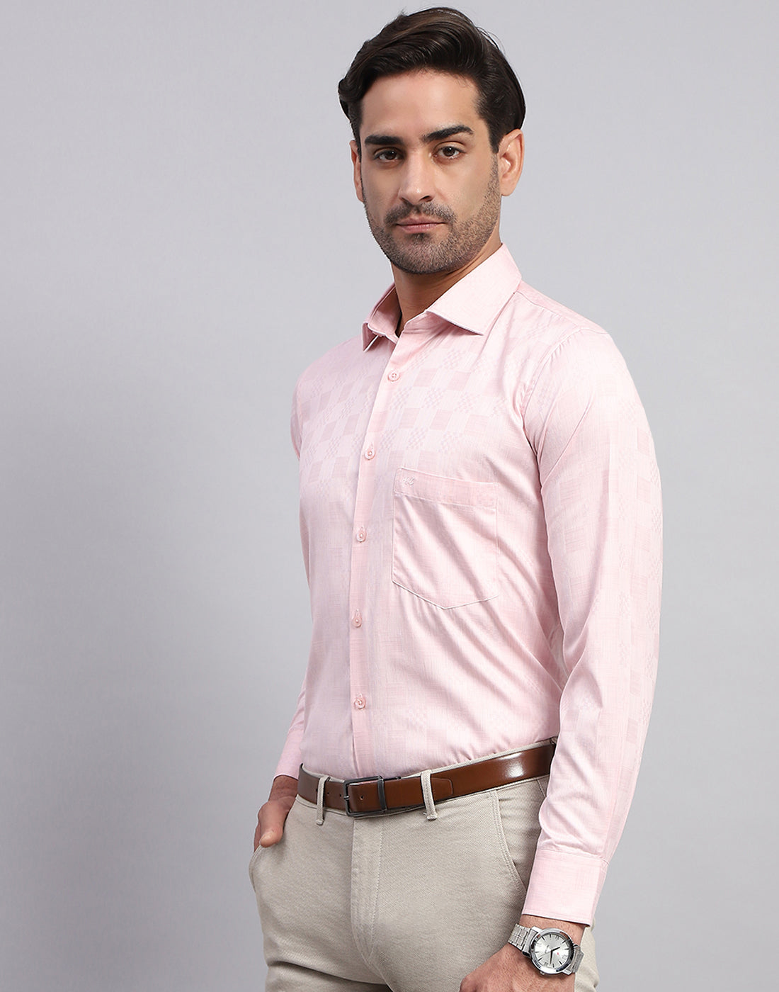 Men Pink Self Design Collar Full Sleeve Shirt