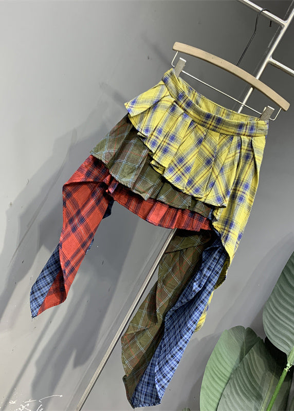 Chic Colorblock Plaid Asymmetrical Patchwork Skirts Summer