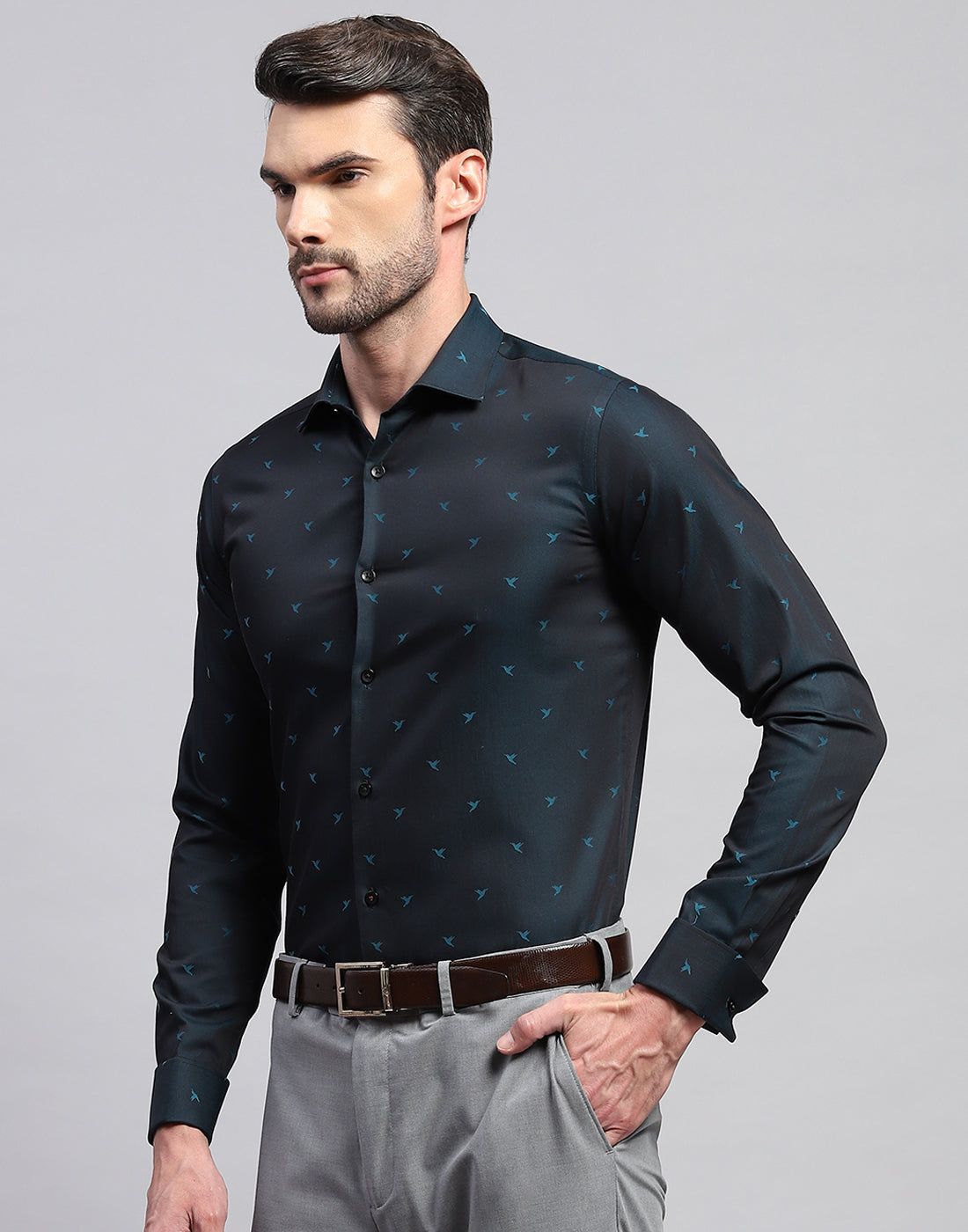 Men Navy Blue Printed Collar Neck Full Sleeve Shirt