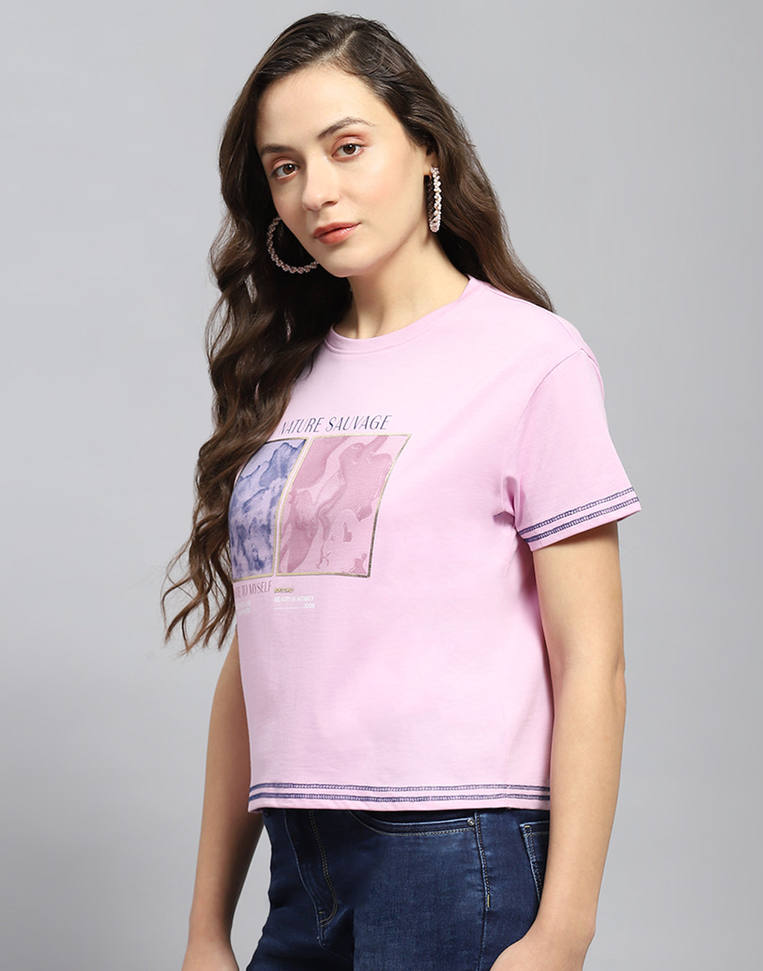 Women Pink Printed Round Neck Half Sleeve Top