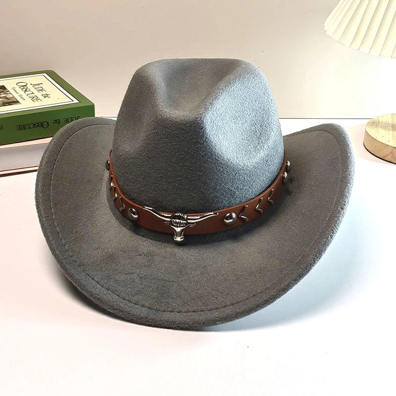 Autumn And Winter Woolen Denim Jazz Felt Hat For Men And Women Cow Head Mark Curled Top Hat Tibetan Sunshade Sunscreen Hat