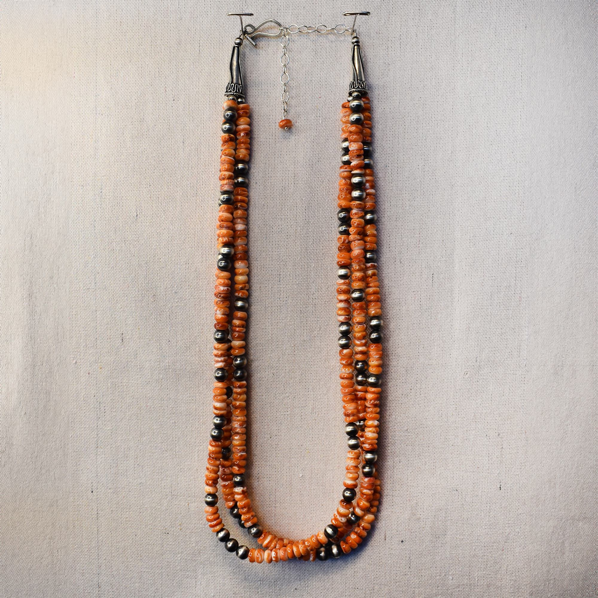 22 Spiny Oyster and Sterling Silver Three Strand Necklace