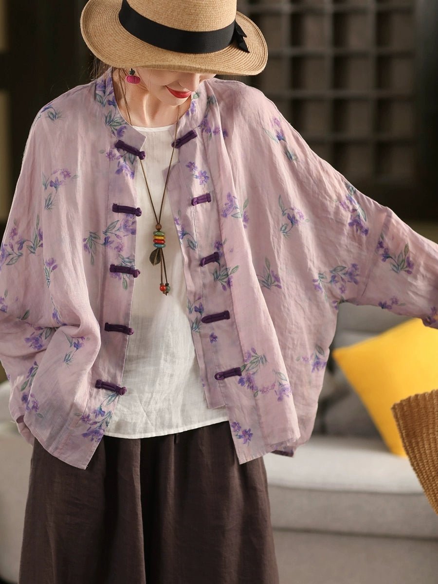 Women Summer Ethnic Flower Stand Collar 100%Raime Shirt