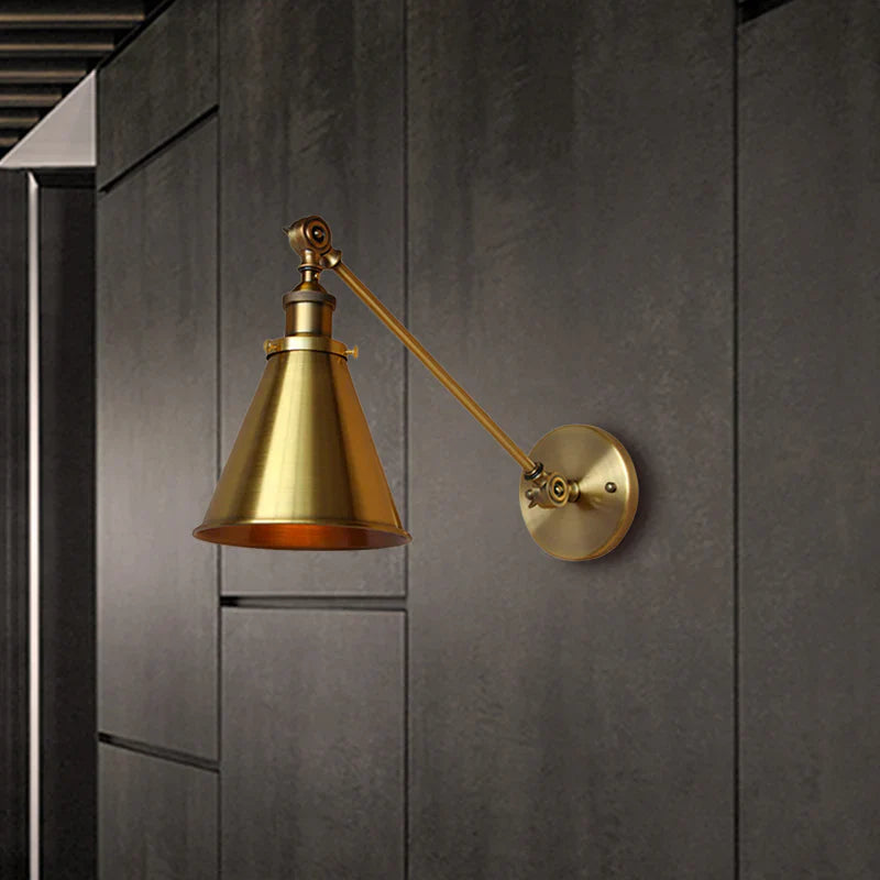 Industrial Wall Sconce with Adjustable Arm in Antique Brass Finish