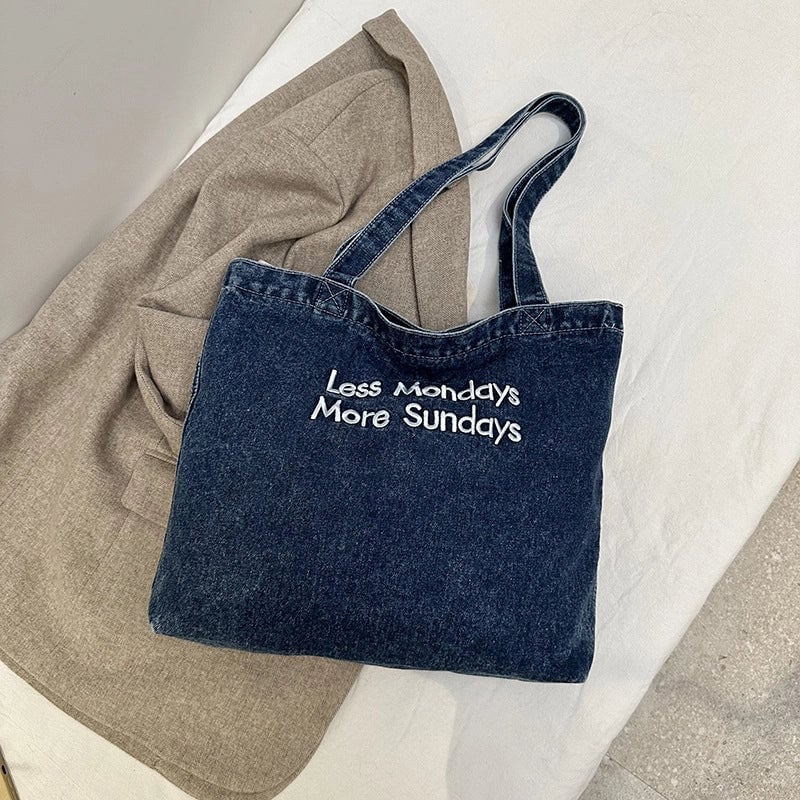 Women's Denim Letter Vintage Style Sewing Thread Square Magnetic Buckle Tote Bag