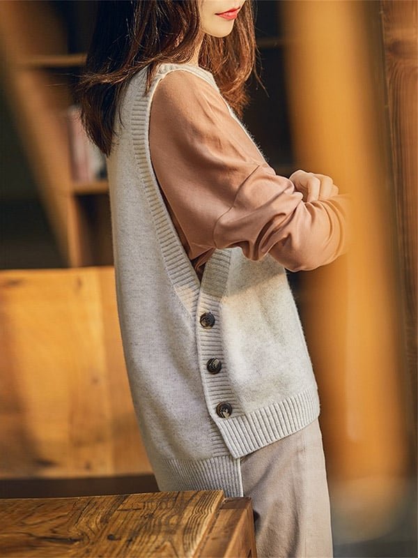 Casual Sleeveless Loose Solid Color Round-Neck Knitting Vest Outerwear