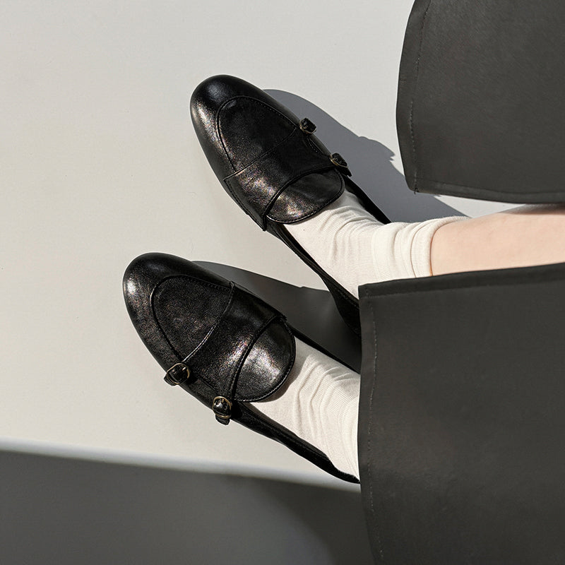 British Style Round Toe Monk Strap Low Heel Loafers in Brown/Black