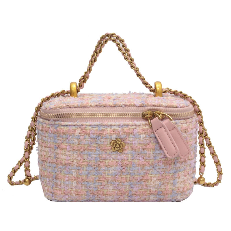 Women's Canvas Plaid Elegant Sewing Thread Square Zipper Shoulder Bag Crossbody Bag Square Bag