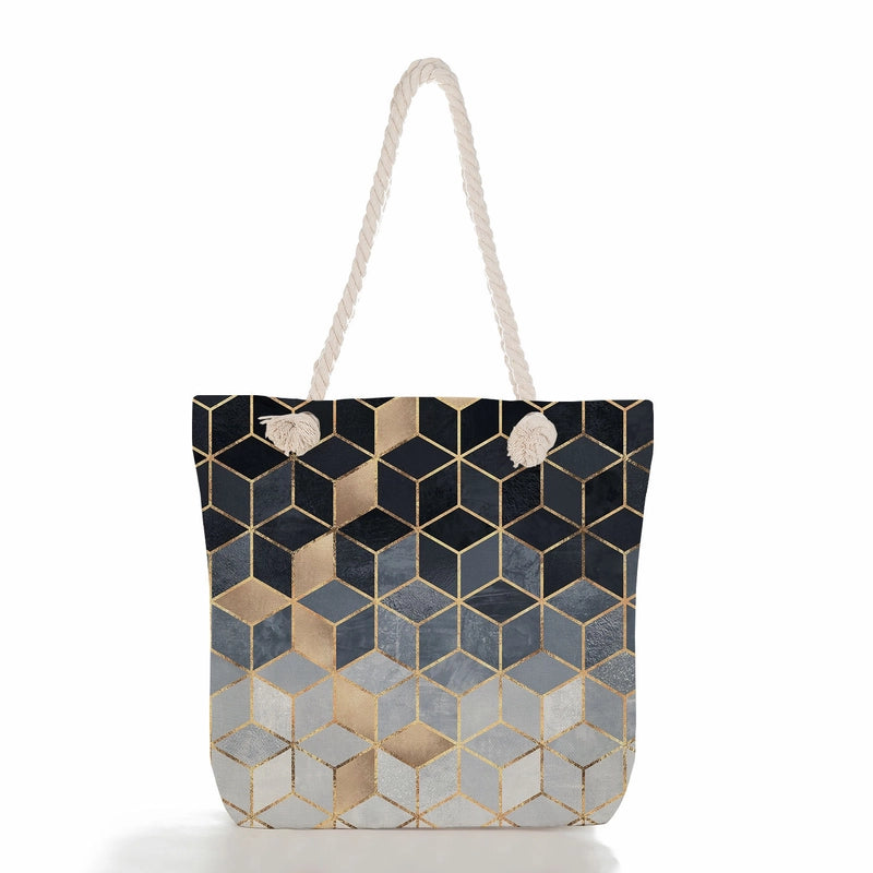 Women's Medium Canvas Geometric Flower Basic Classic Style Square Zipper Tote Bag