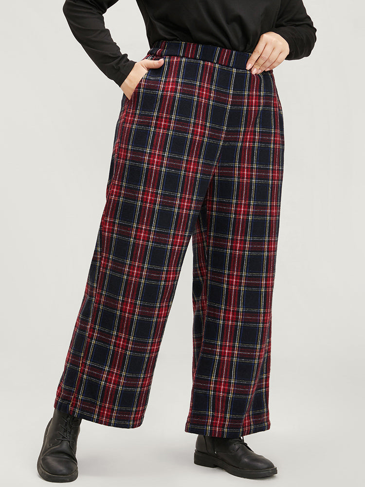 Plaid Elastic Waist Pocket High Rise Pants