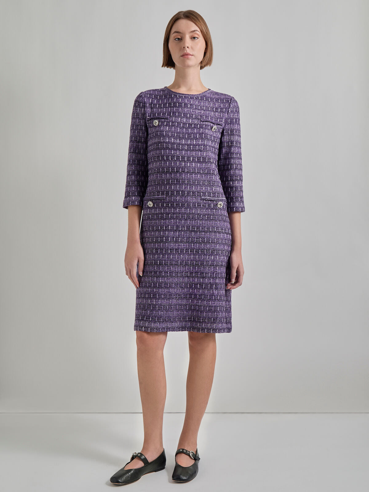 Metallic Accent Tweed Knit Shift Dress