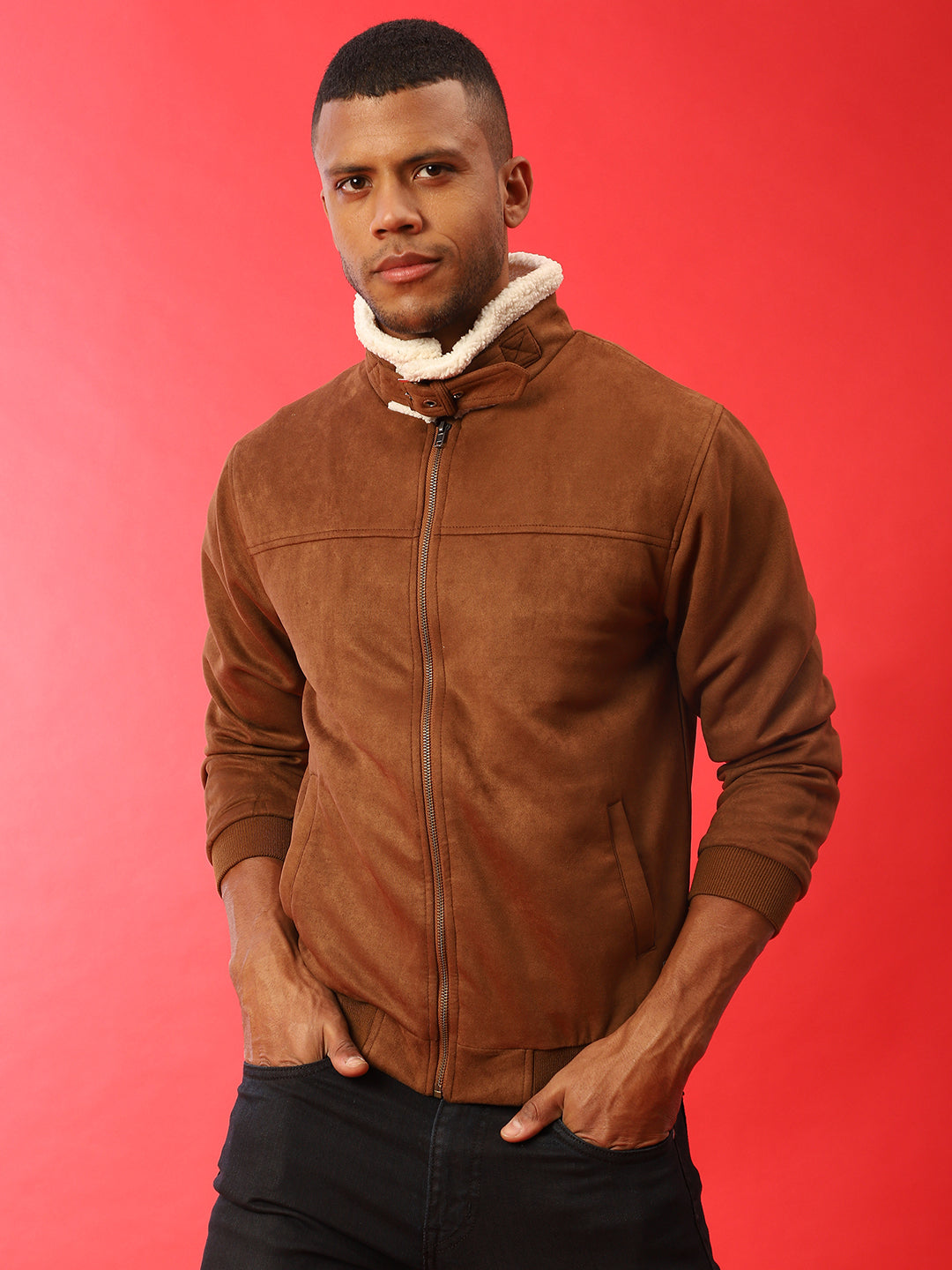 Fur-Lined Suede Bomber Jacket