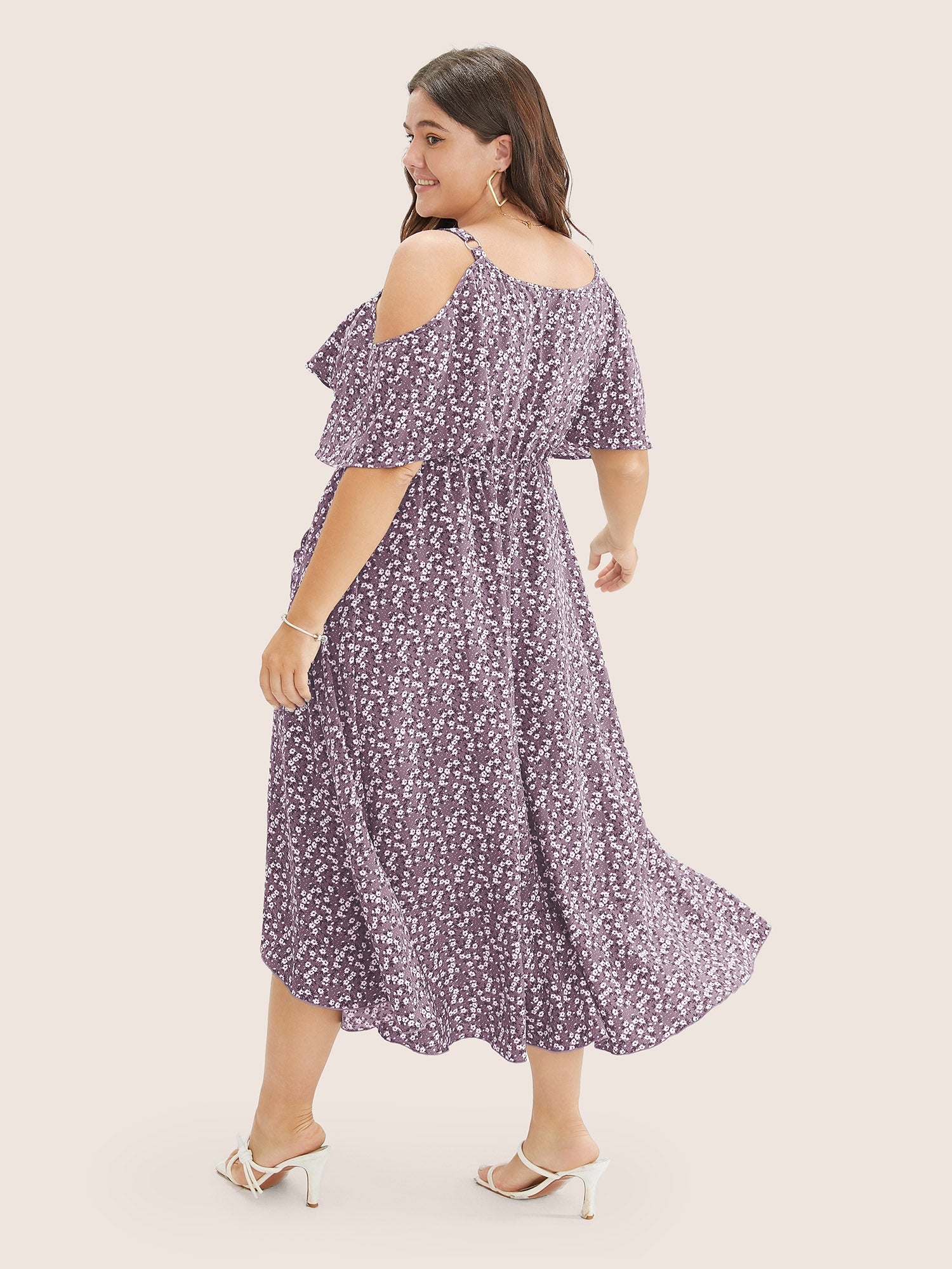 Ditsy Floral Pocket Wrap Cold Shoulder Ruffle Dress