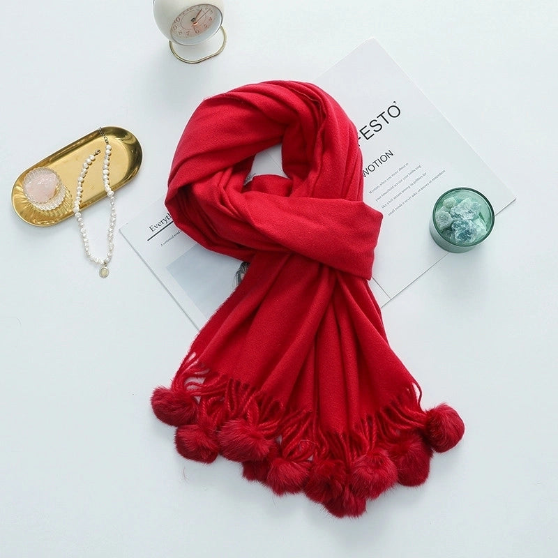 Cashmere Wool Scarf Women's Autumn And Winter High-grade Solid Color Ball Scarf Shawl Fur Ball Imitation Cashmere Scarf