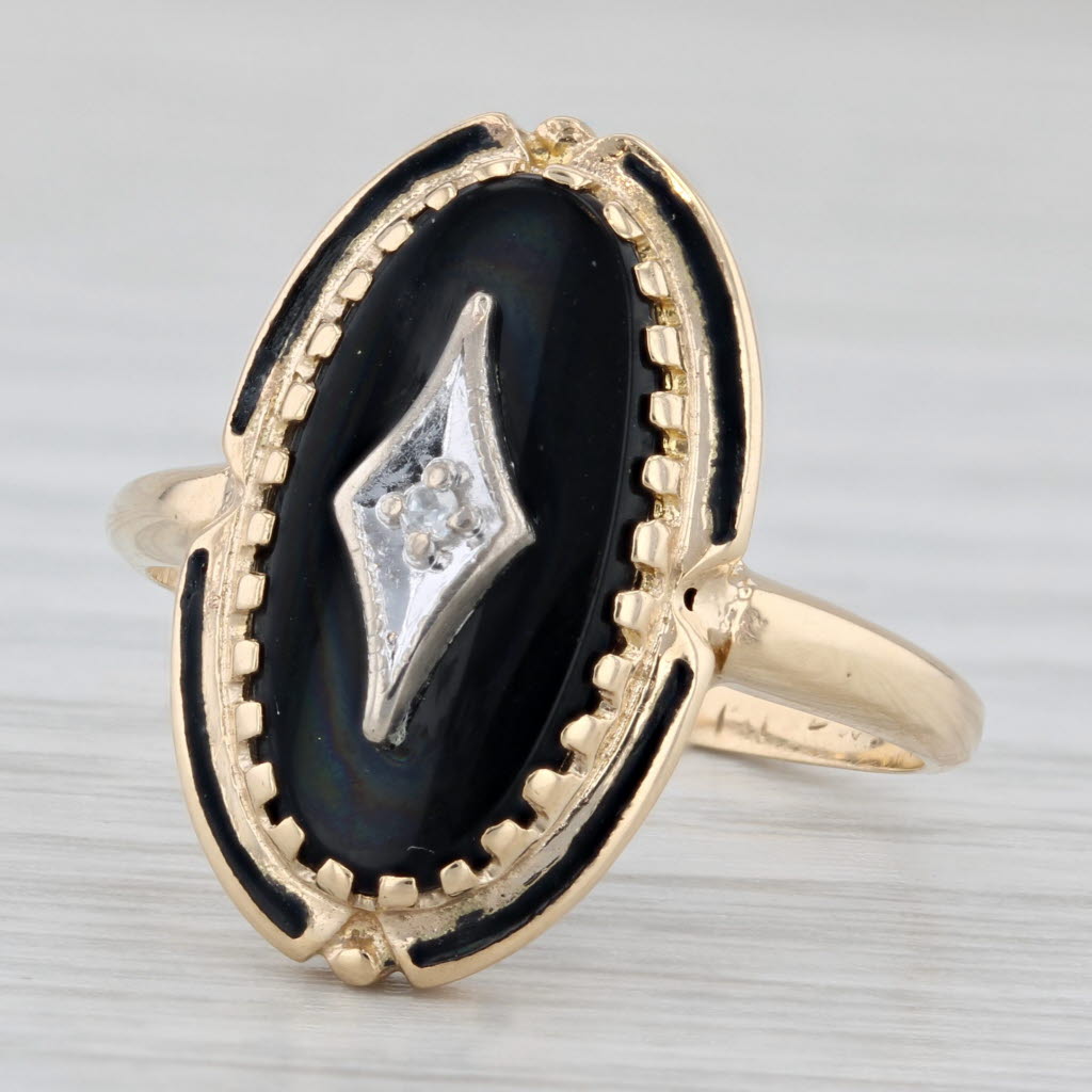 Vintage Oval Onyx Diamond Signet Ring 10k Yellow Gold Size 8